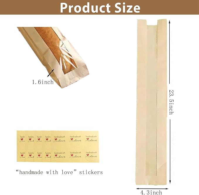 40 Pack Baguette Bags,Kraft Paper Long French Bread Bags for Homemade Bread with Clear Front Window(23.5 x 4.3 x 1.6 Inch),Label Seal Sticker Included