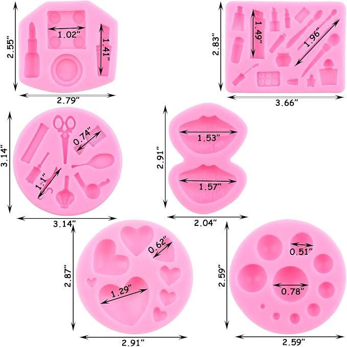 ZiXiang Valentine's Day Fondant Molds Makeup Theme Silicone Mold Lips Hearts Silicone Candy Mold Kiss Lipstick Perfume Mold For Chocolate Cake Decorating Cupcake Topper Gum Paste Polymer Clay Set Of 6