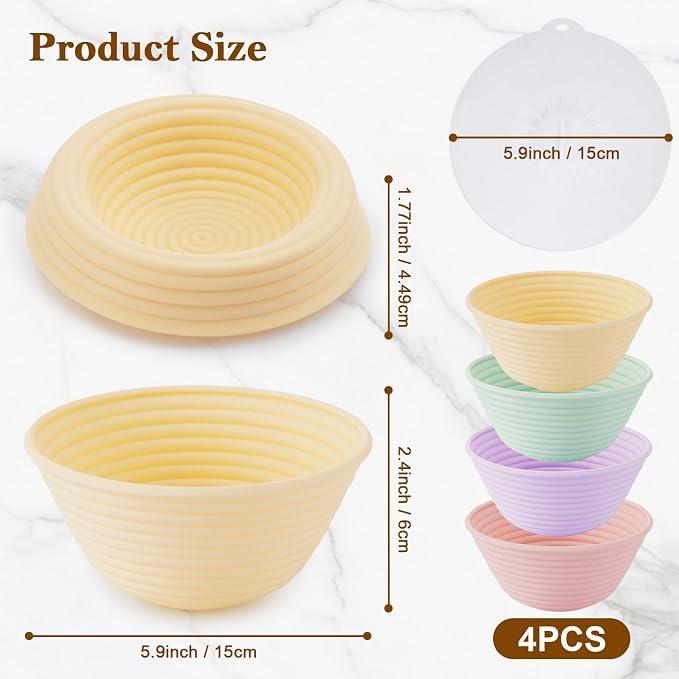 4 Pack Silicone Banneton Bread Proofing Baskets, 5" Collapsible Non-Stick Sourdough Proofing Bowls for Bread Baking, Round Dough Rising Baskets