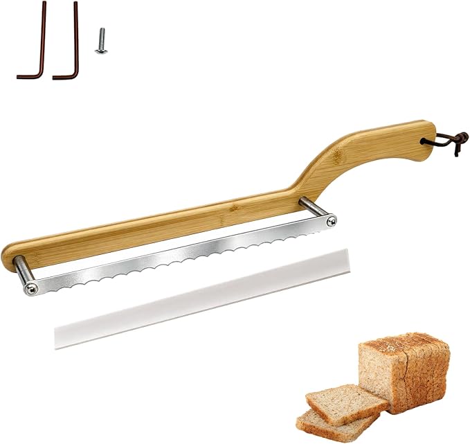 Homemade bread knife with an ergonomic handle | Serrated Sourdough Slicer, Bamboo Handle, Adjustable Blade, Measurement Marks for Even Slices, Left & Right Hand