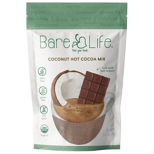 Bare Life Organic Coconut Hot Cocoa Mix, Dairy Free Hot Cocoa Mix, Vegan Hot Chocolate Powder, Gluten Free, Kosher Pareve, Just Add Hot Water, 9.52 oz Pouch