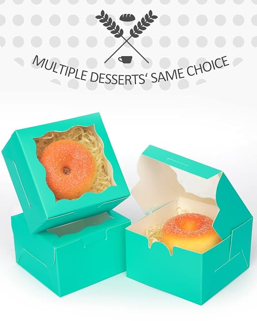 qiqee Blue Green Bakery Boxes with Window 55pcs 4x4x2.5 Mini Cookie Boxes Macaron boxes Small Donut Pastry Boxes for Party