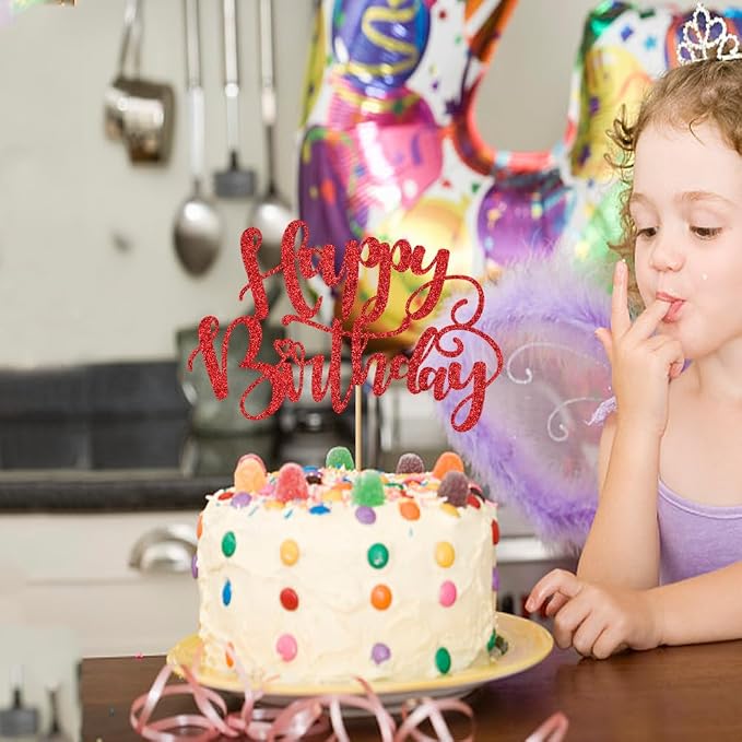 Handmade Glitter Happy Birthday Cake Topper,Birthday Party Cake Decorations, Anniversary/Birthday Party Decoration Supplies (Red)