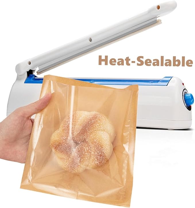 Ocmoiy 400ct Heat-Sealable Bakery Bags with Window for Egg Sandwich, Donut, Cookies Packaging, 7.1x7.5 Inches Clear Front Brown Paper Treat bags To go, Grease-Resistant (400)
