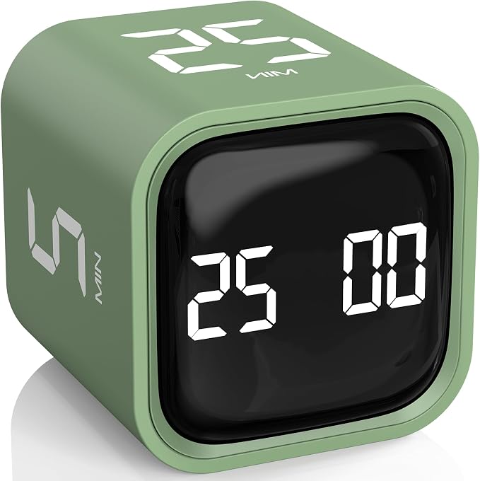 Rotating Pomodoro Timer 5, 25, 10 50 Minutes Preset, Desk Productivity Flip Timer, ADHD Tool Cube Countdown Stopwatch, Vibration/High/Low Volume/Custom Modes, for Work, Study, Back to School, Green