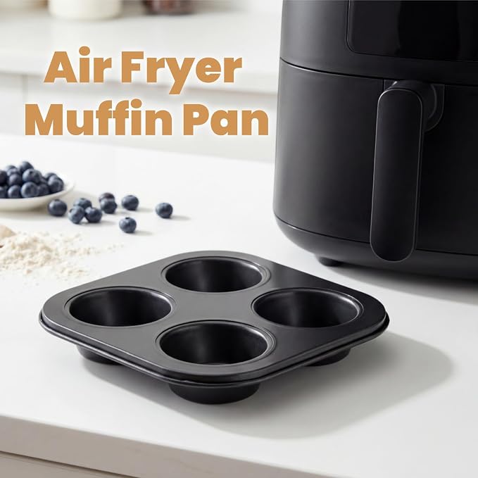 6 Pack Air Fryer Muffin Pan, 4 Cup Non-Stick Small Oven Cupcake Baking Pan, Carbon Steel Round Muffin Tin Bakeware Cake Mould for Egg Muffin, Quiches, Frittatas