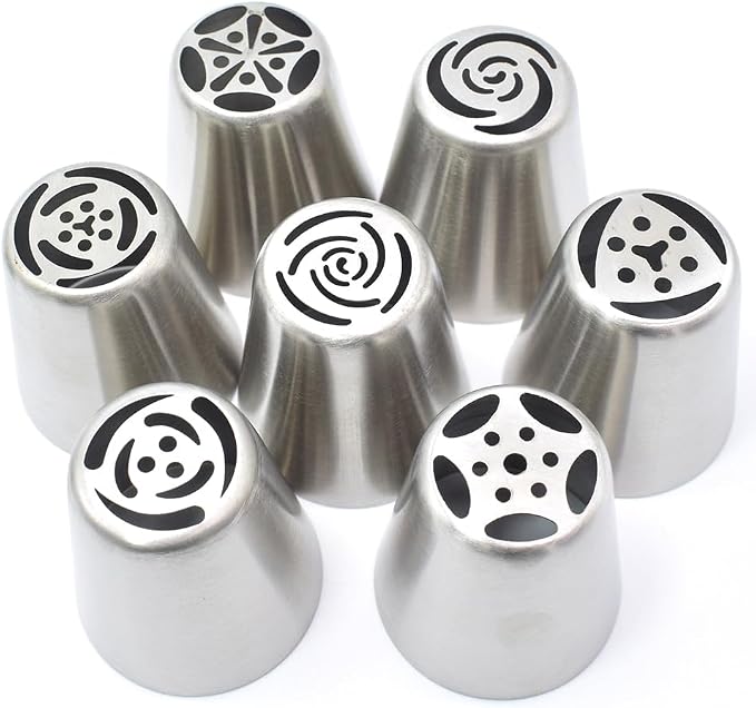 7 Pcs Large Russian Piping Tips Set, Stainless Steel Flower Frosting Nozzles, One-Press Cake Decorating Tips for Buttercream, Cupcakes, Cakes– Dishwasher Safe