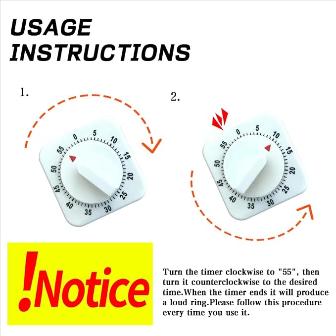 Square 60 Minute Mechanical Timer - Visual Cooking Timer with Loud Alarm - No Batteries Required - Ideal for Cooking, Baking, and Kitchen Management - White