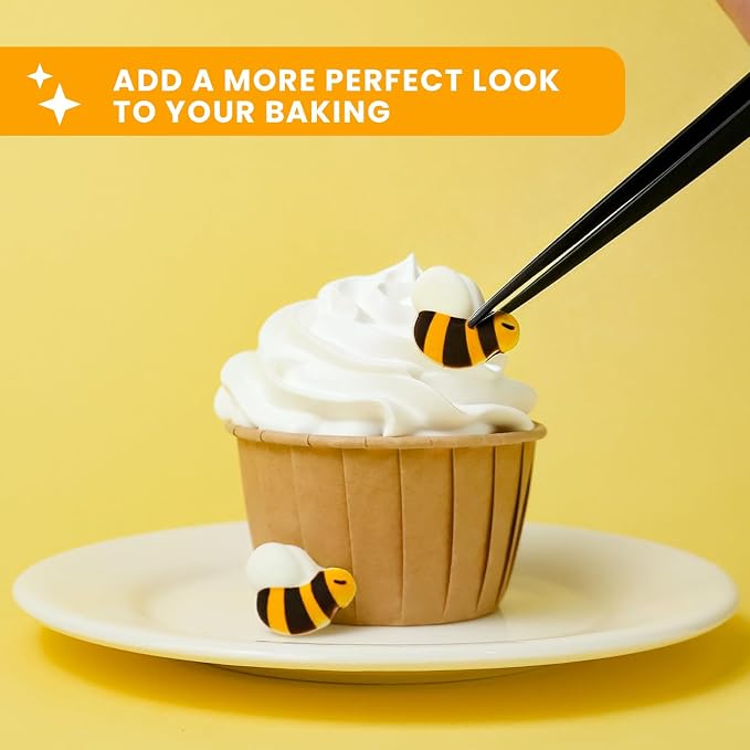 Edible Bee Cake Decorations, Royal Icing Bee for Cupcake Topper, Edible Bee Sprinkles Sugar for Cakes Cupcakes Cookies Chocolate Macarons Baking Baby Shower Decoration, 48 pcs