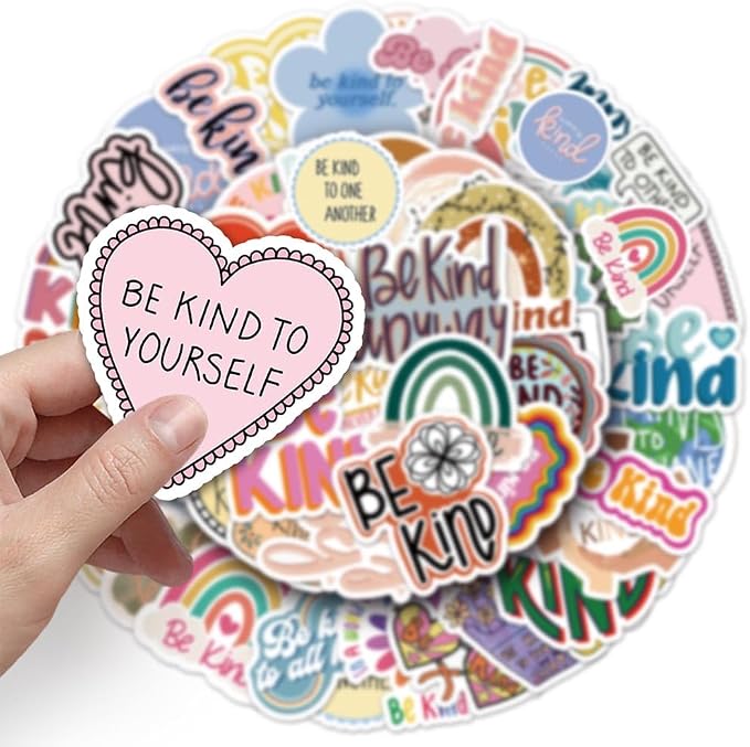 Be Kind Stickers |50Pcs Friendly Waterproof Vinyl Decals | Removable Resuable Sun-proof Peel and Stick for Water Bottles Laptop Luggage Cup Computer Mobile Phone Skateboard Decoration