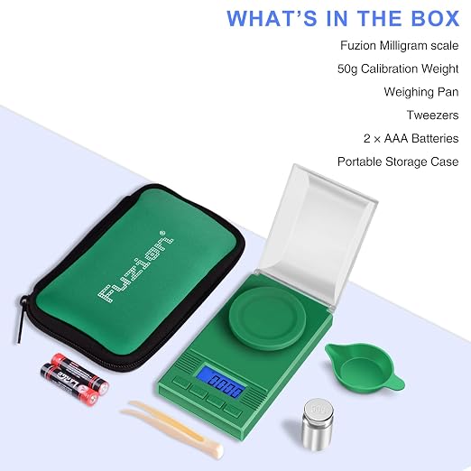 Fuzion Digital Milligram Scale 50g/0.001g, Powder Scale 6-in-1 Kit | Includes Soft Carry Bag, 50g Calibration Weight, Battery, Milligram Scale for Capsule Filling, Supplement, Reloading, Jewelry