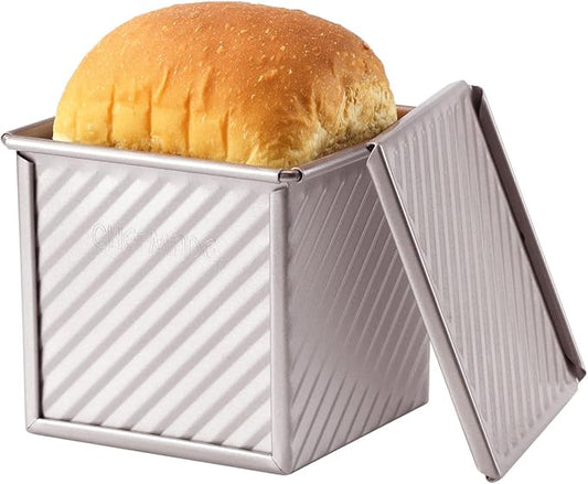 CHEFMADE Mini Pullman Loaf Pan with Lid, 0.55Lb Dough Capacity Non-Stick Rectangle Corrugated Toast Box for Oven Baking 4" x 4" x 3.9"(Champagne Gold)