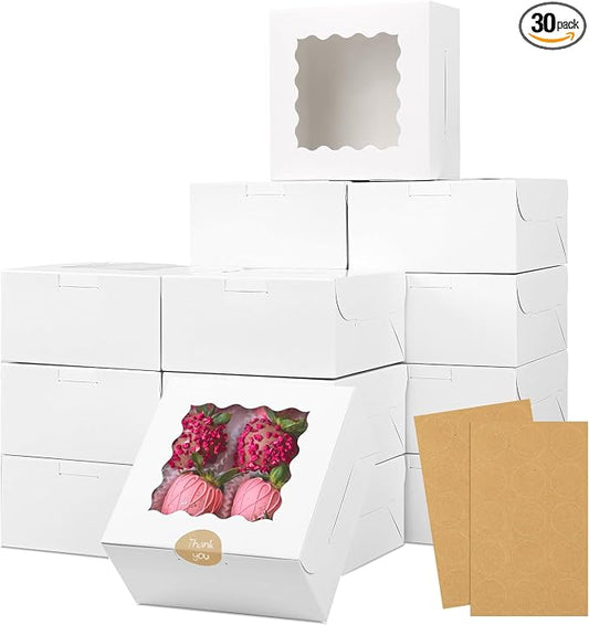 Moretoes 30pcs White Cookie Boxes with Window, 6x6x3 Inches, Bakery Boxes for Cookies, Pastry,Strawberries, Small Pie, Macarons