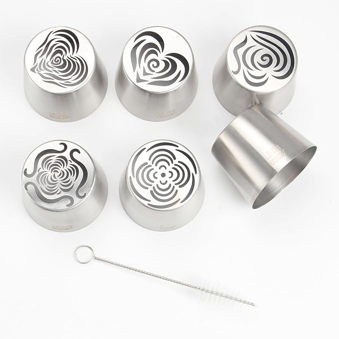 Extra Large Russian Piping Tip Set - 6 Stainless Steel Marshmallow Buttercream Framing Nozzles for 3D Roses Tulip Cake Decorations and Marshmallow Bouquets, Includes 1 Cleaning Brush(6H)