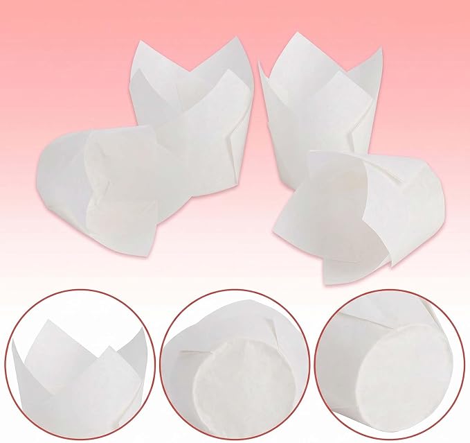 200 Pcs White Tulip Cupcake Liners for Baking, Standard Size | Standard Greaseproof Tulip Muffin Liners for Baking, 3oz White Paper Cupcake Wrappers for Party Wedding Birthday