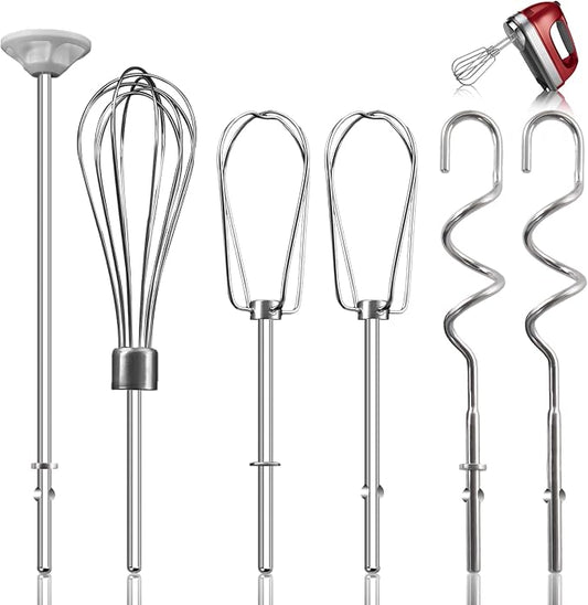 Hand Mixer Attachments Beater for Kitchenaid Hand Mixers KHM3 KHM5 KHM7 KHM9, Including Whisk, Mixing Rod and Dough Hook, Stainless Steel Hand Mixer Accessories (Set of 6)