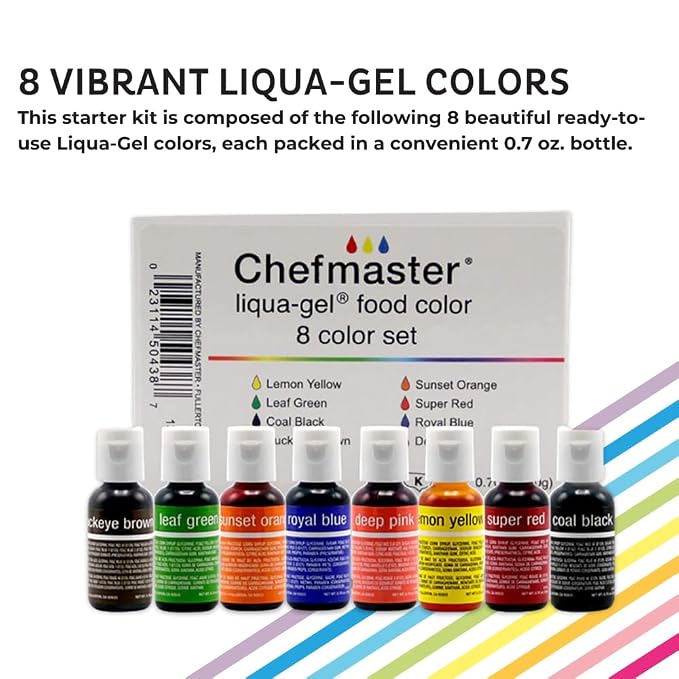 Chefmaster - Liqua-Gel Food Coloring - Fade Resistant Food Coloring - 8 Pack - Vibrant, Eye-Catching Colors, Easy-To-Blend Formula, Fade-Resistant - Made in the USA