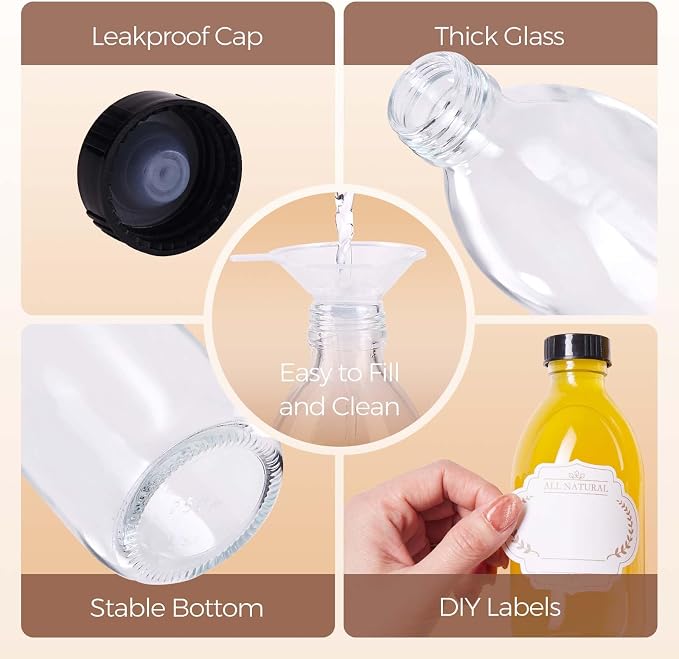 8oz Glass Juice Bottle with Lids, 3 Pack Clear Small Glass Bottles Leakproof Refilllable Sample Dispensing Bottles for Juicing, Homemade Vanilla Extract, Essential Oils, Smoothies, Ginger Shots