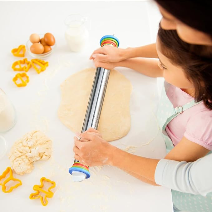Adjustable Rolling Pin 17” with 4 Thickness Rings for Baking, Stainless Steel Dough Roller with Clear Measurement for Pizza, Fondant, Pie, Cookies, Baking Supplies, Pastry, Pasta