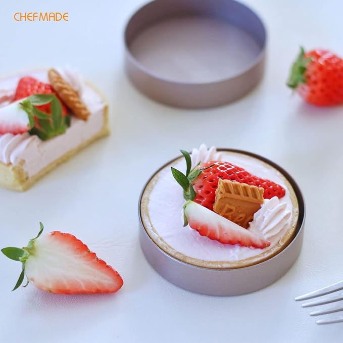 CHEFMADE Mini Tart Pan Set, 3-Inch 4Pcs with Removable Loose Bottom Non-Stick Round Quiche Bakeware for Oven and Instant Pot Baking (Champagne Gold)