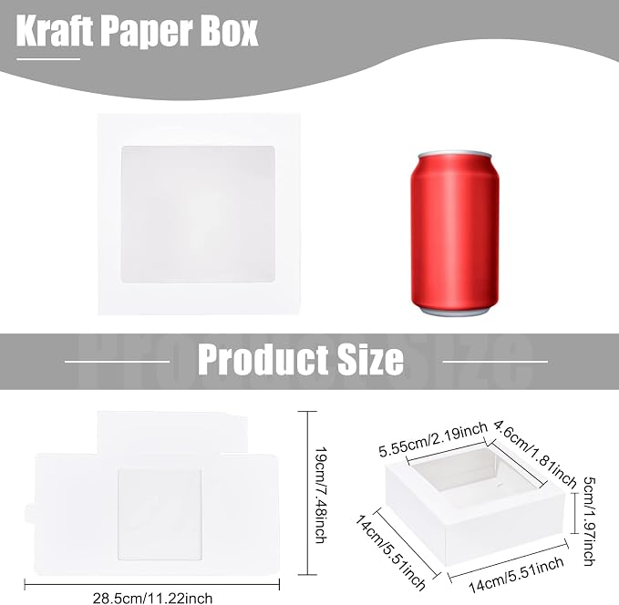 BENECREAT 16Packs 5.5x5.5x2inch Clear PVC Square Window Gift Boxes, White Kraft Paper Present Boxes for Wedding Favor, Festival Gift Packaging, Chocolates, Cookies Small Crafts