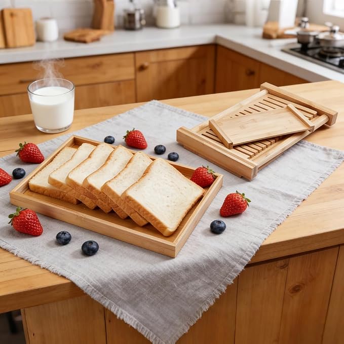 UNICRAFTALE Adjustable Bamboo Bread Slicer with Crumb Tray Bread Cutter for Homemade Cutter Guide for Sourdough Bagels Cakes Loaves Kitchen Gadgets Baking Gift Set 12.68"x8.5"x6.69"