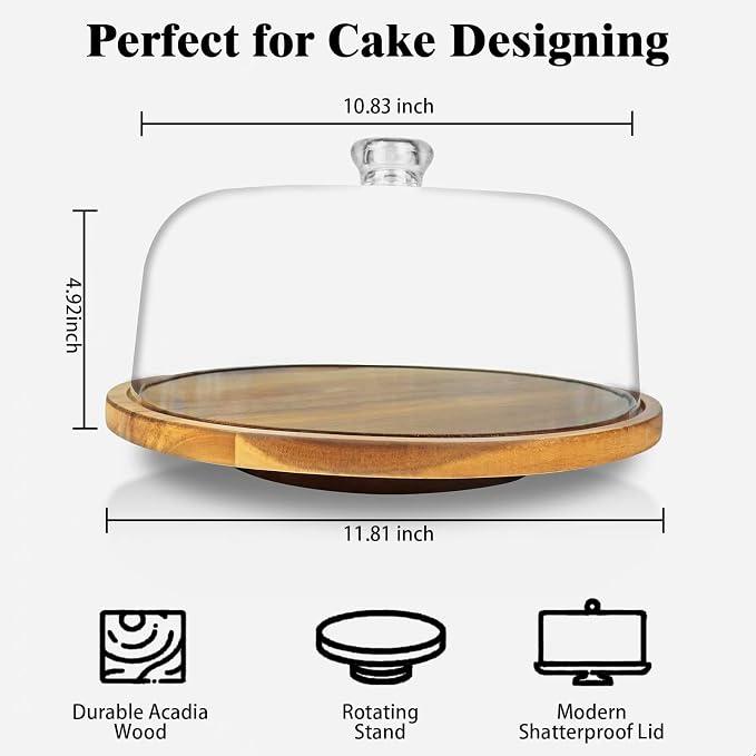 Cutesun Wood Cake Stand with Lid, 12in Acacia Wood Cake Plate with Cover, Wooden Cake Display Stand with Acrylic Dome (Not Glass), Cake Holder Tray for Wedding Gift，Kitchen,Birthday,Parties,Baking Gifts
