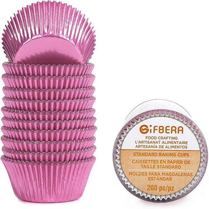 Gifbera Standard Pink Foil Cupcake Liners for Baking 200 Count - Metallic Greaseproof Cupcake Wrappers Muffin Cups, Heavy Duty, Non-Stick, Easy to Peel