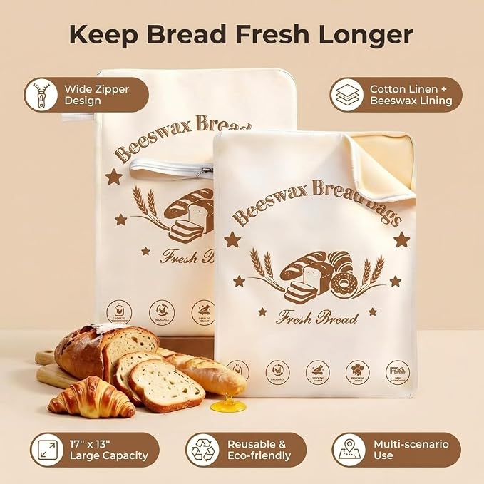 Beeswax Bread Bags for Sourdough 2 Pack Reusable Linen Food Storage Bags 17 x 12.6 Inch