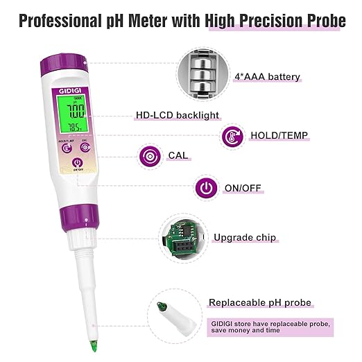 pH Meter for Food Fermentation, Spear pH Probe for Canning Salsa | ±0.01 pH tester with ATC. Replaceable probe with pH calibration kit. For bread dough, hot sauce, kombucha, cosmetics