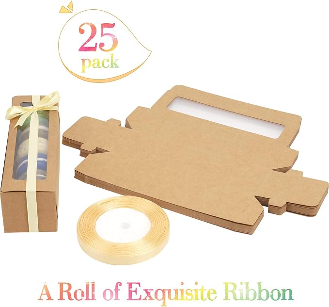 NPLUX 25 Pack Macaron Boxes for 5-7 Macarons Strawberry Boxes Macaron Container Packaging Boxes with Ribbon for Candy Sweet Gift Giving, Graduation Gifts Party Favors(Brown)