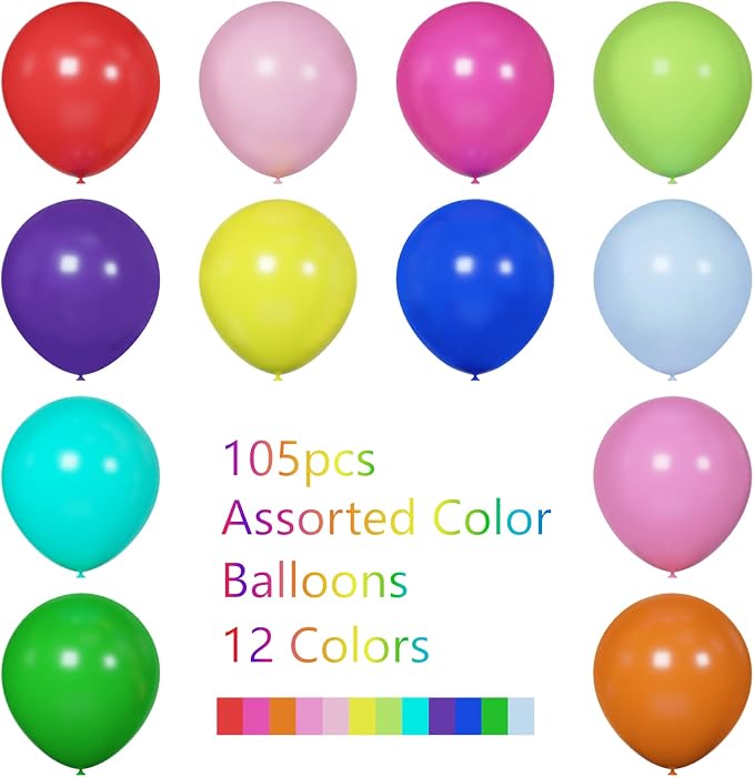 Voircoloria 105pcs Colorful Balloons 12inch Rainbow Latex Balloons for Boys Girls Birthday Baby Shower Gender Reveal Wedding Decorations