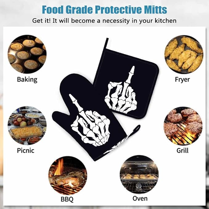 Mxocom FK Graphic Oven Mitt and Pot Holder with Silicone Finger Bones Design Heat Resistant Kitchen for Cooking BBQ Baking Grilling Spring/Summer