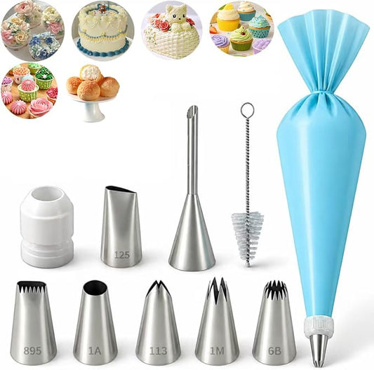 10 Pcs Reusable Silicone Piping Bags and Tips Set, Stainless Steel Icing Nozzles with Coupler & Cleaner Brush, Dishwasher Safe Cake Cupcake Cookie Decorating Kit, Home Bakers & Chefs