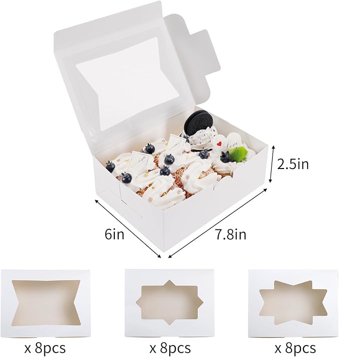 Moretoes 24pcs Bakery Boxes with with 3 Style Window, 8x6x2.5 Treat Boxes for Candies, Chocolate Strawberries, Cakes, Muffins, Donuts