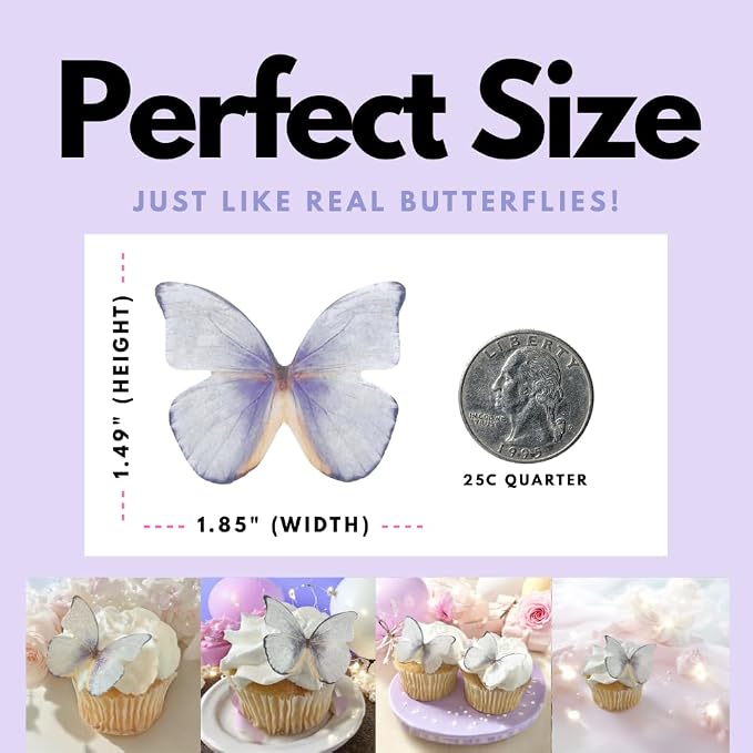 Edible Butterflies with Edible Glitter Kit - Wafer Paper Butterflies for Cakes - Cake Decorations - Cupcake Decorations - Cake Toppers (Lavender)