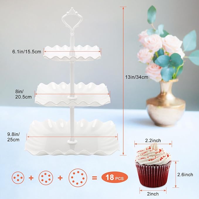 Coitak 3 Tier Cupcake Stand, Plastic Tiered Serving Stand, Wavy Dessert Tray for Tea Party, Birthday and Wedding (Pure White)