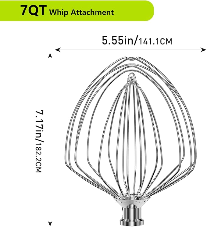 Stainless Steel Stand Mixer Attachments 3-Piece for KitchenAid 7 Qt Tilt Head Stand Mixer. Includes 20 Wire Whisk, Flat Beater, Dough Hook for KitchenAid 7 Qt Mixer Bowl