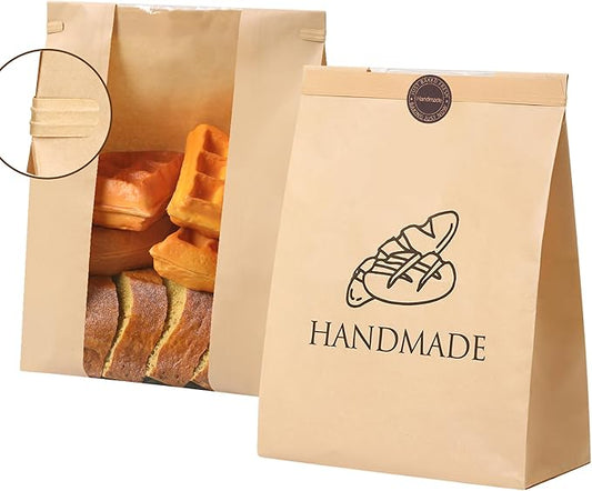 88 Pack Paper Bread Bags for Homemade Baking - Tin Tie Tab Lock Sourdough Bag, Large Loaf Packaging With Clear Window for Storage - 90 Label Seal Stickers for Bakery Use
