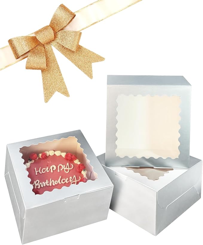 Bakepacker 36pcs 6x6x5 Inches Cake Boxes with Window 18-Packs Silver 6 Inch Bakery Boxes (18 Cake Boxes +18 Cake Boards Included)