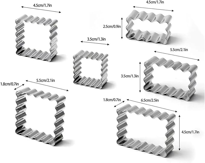 6Pcs Scalloped Cookie Cutter Set, 2 Inch Square & 2.5 Inch Small Rectangle, Jagged Edge Design