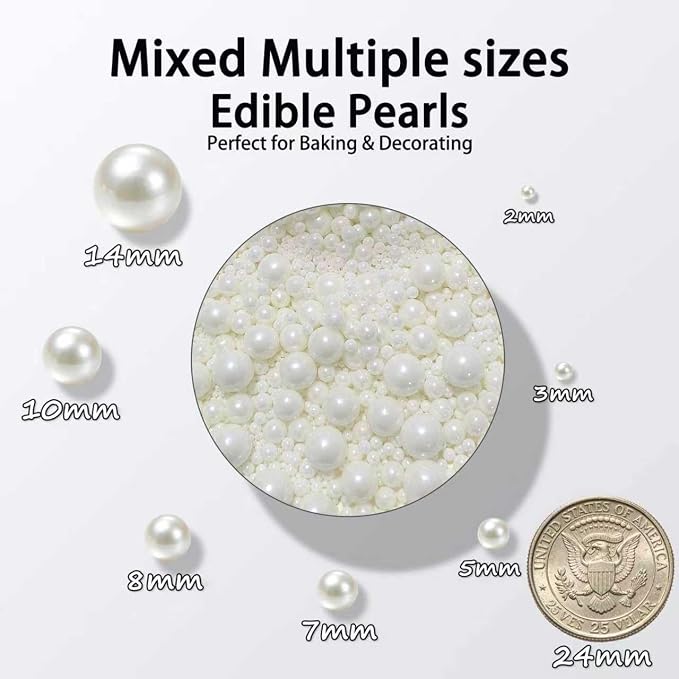 White Pearl Sugar Sprinkles Bulk 450g/16oz & Mix Size 2mm 3mm 5mm 7mm 8mm 14mm Edible Pearls Candy for Cake Decorating & Cookies Waffles Baking & Wedding Cupcakes