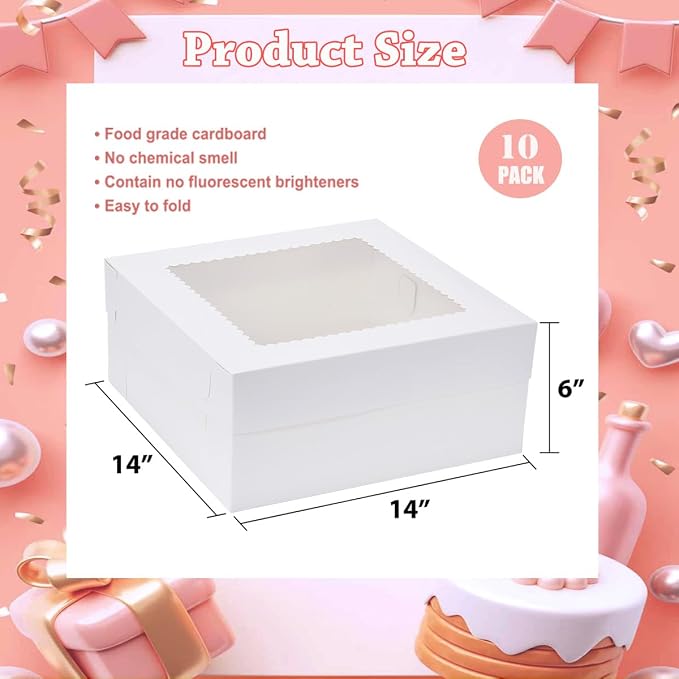 14x14x6 Inch 10 Pack Cake Boxes with Window,Wedding Cake Boxes,Disposable Cake Containers,Cake Carrier for Brownie,Pastries,Cheesecake