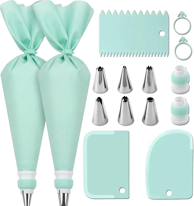 15 PCS Cake Decorating Supplies Set with 2 Reusable Superflex Piping Bags, 6 Stainless Steel Icing Tips, 3 Cake Scrapers, 2 Couplers and Ties for Beginners,Mint Green