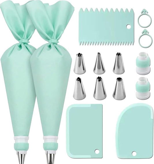 15 PCS Cake Decorating Supplies Set with 2 Reusable Superflex Piping Bags, 6 Stainless Steel Icing Tips, 3 Cake Scrapers, 2 Couplers and Ties for Beginners,Mint Green