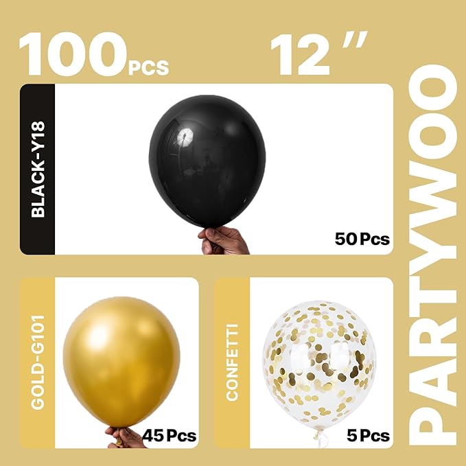 PartyWoo Gold and Black Balloons 100pcs 12 Inch Black and Gold Metallic Balloons for Birthday Wedding Anniversary Graduation Bachelorette Engagement Bridal Shower Retirement Party Decorations