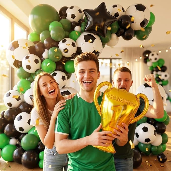 Soccer Balloons Garland Arch Kit 150Pcs - Black and White Dark Green Balloon and Trophy 18 inch Soccer Foil Balloons for 2026 World Football Sports Theme Birthday Anniversary Party Decoration