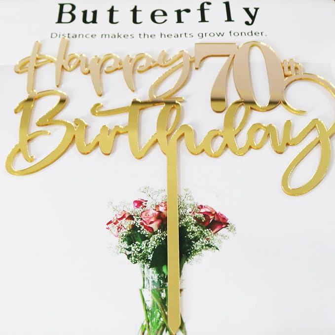Happy 70th birthday cake Topper,Mirrored Gold Acrylic Durable Cake Topper,70th Birthday Party Cake Decorations,Hello 70th years old, Happy seventy years old, Birthday Party Decorations