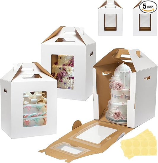 Wowxyz 5 Pack Tall Cake Boxes for Tier Cakes 16x16x18 Inch Disposable Layer Tall Baking Carrier with Window Large Tierd Bakery Take Out Transport Containers with Handle for Wedding, Birthday, Party
