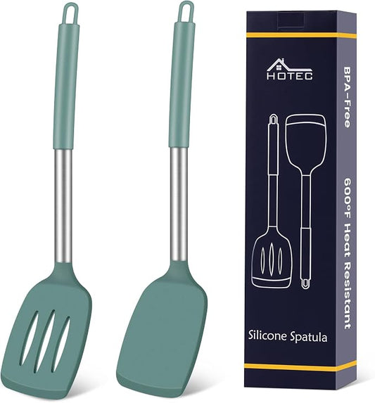 HOTEC Silicone Spatula Set of 2 Heat-Resistant 600F & BPA-Free Kitchen Spatula Turner with Stainless Steel Handles, Slotted & Solid Spatulas for Nonstick Cookware, 13.7 Inch, Sage Green